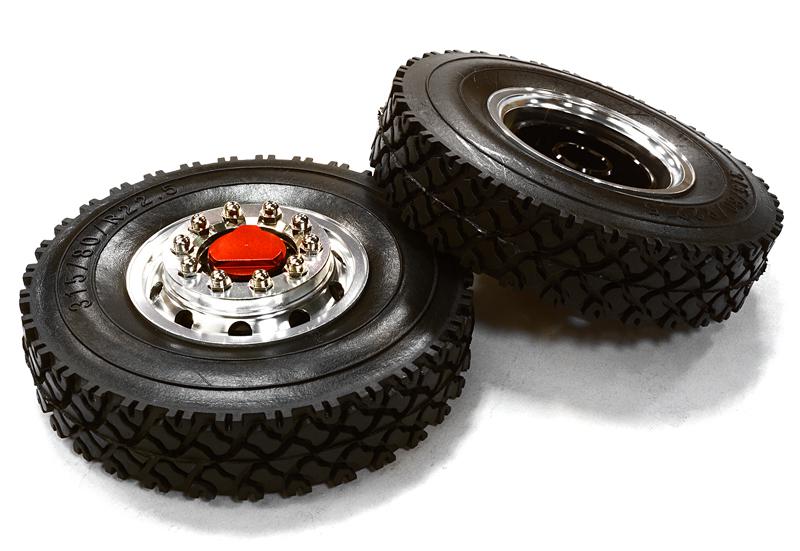 C26580RED Machined Alloy T6 Front Wheel & XC Tire Set for Tamiya 1/14 Scale Tractor Trucks - Image 1
