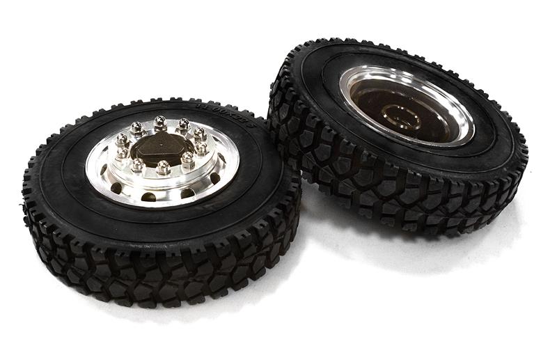 C26582BLACK Machined Alloy T6 Front Wheel & XD Tire Set for Tamiya 1/14 Scale Tractor Trucks - Image 1