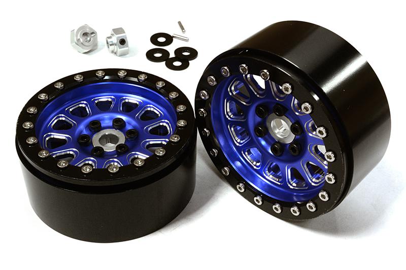 C26647BLUE 2.2 Size Billet Machined Alloy 12 Spoke Wheel (2) w/ Hex for 1/10 Scale Crawler - Image 1