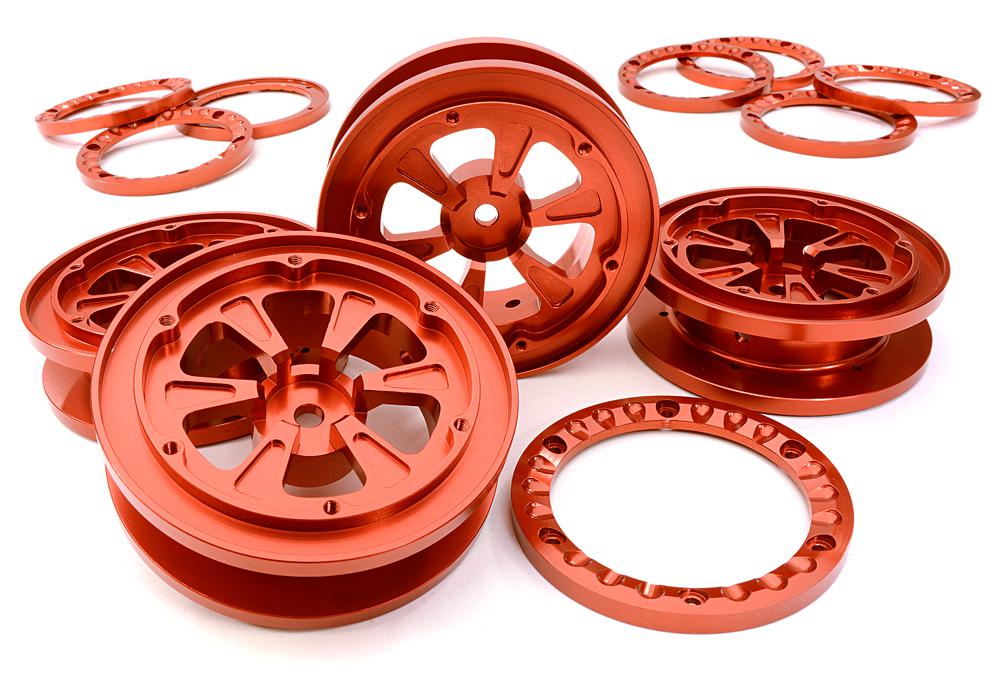 C26841RED 1.9 Size Billet Machined Alloy Wheel (4) w/Beadlock Rings for 1/10 Scale Crawler - Image 1