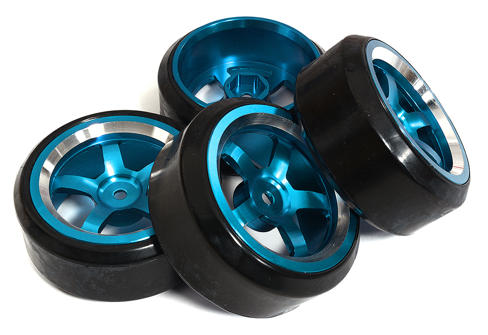 C31346LIGHTBLUE 5 Spoke Wheel & Tire Set (4) for Drift Racing (O.D.=62mm) W=26mm Offset 3.5mm - Image 1