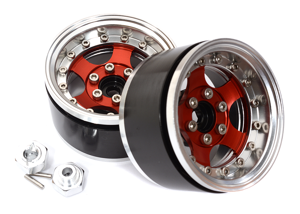 C31546SILVERRED Billet Machined Off-Road 1.9 Size (2) Beadlock Wheel for 1/10 Scale Crawler - Image 1