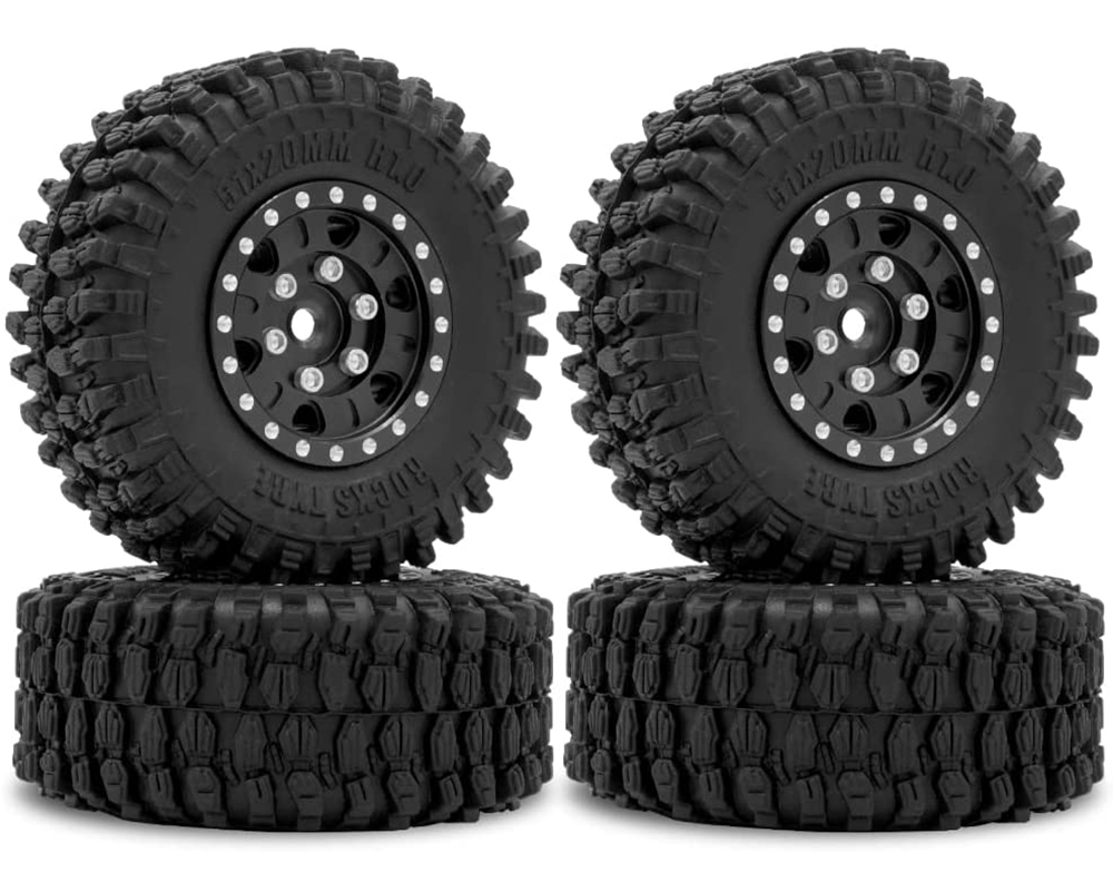C32191BLACK Alloy Machined Wheels (4) w/ Rubber Tires for Axial 1/24 SCX24 O.D.=51mm - Image 1