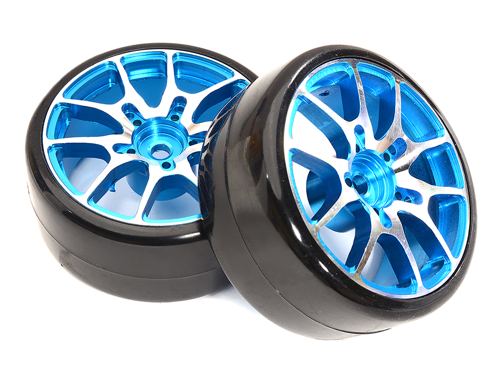 C32833BLUE Alloy Machined 10 Spoke Wheel & Tire Set (2) for 1/10 Drift W=26mm Offset 3.5mm - Image 1