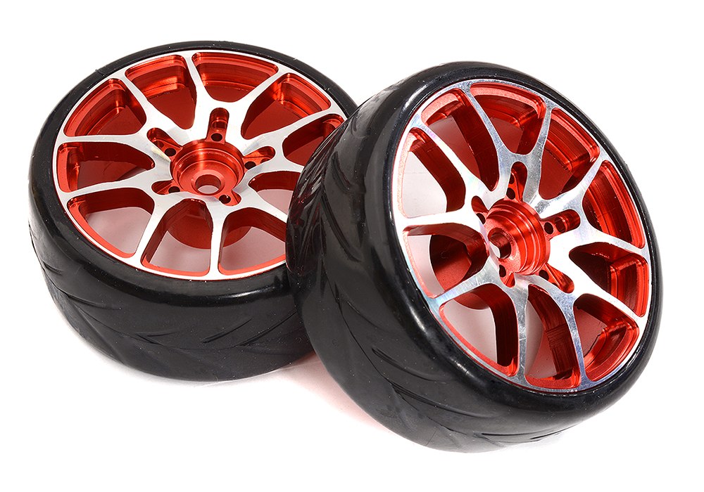 C32835RED Alloy Machined 10 Spoke Wheel & Tire Set (2) for 1/10 Drift W=26mm Offset 3.5mm - Image 1