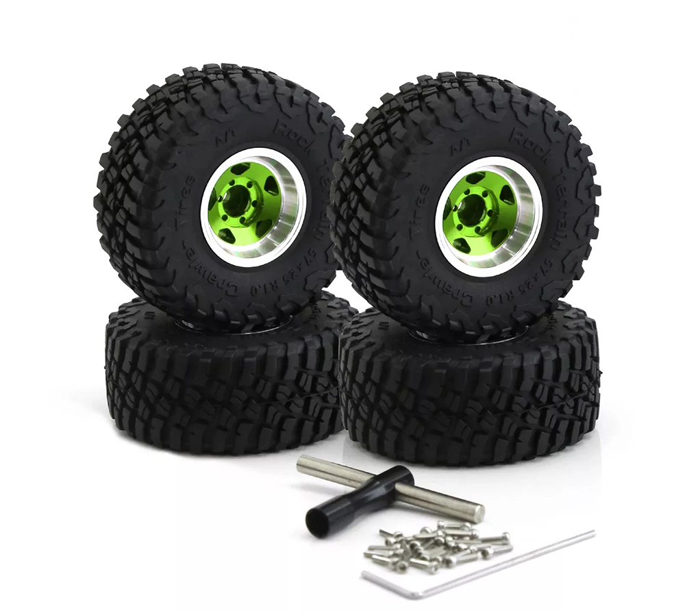 C33960GREEN Alloy 1.0 Wheel (4) w/ Rubber Tires for TRX-4M & SCX24 O.D.=57mm 9869 - Image 1